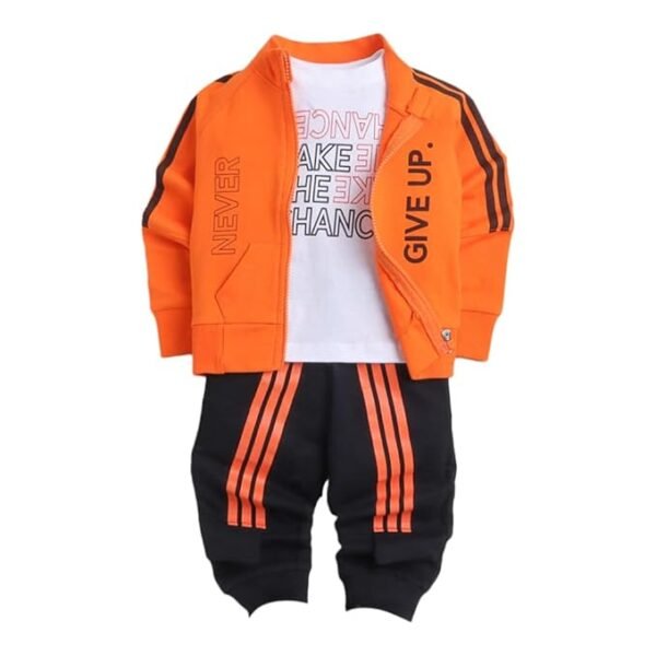 Heybaby Boys Cotton Text Print T-shirt, Jacket and Jogger Set in Orange Color