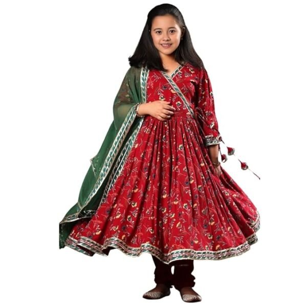 Girls Rayon Floral Print Drawstring 3/4 Sleeve Anarkali Dress With Churidar Payjama and Dupatta, Red